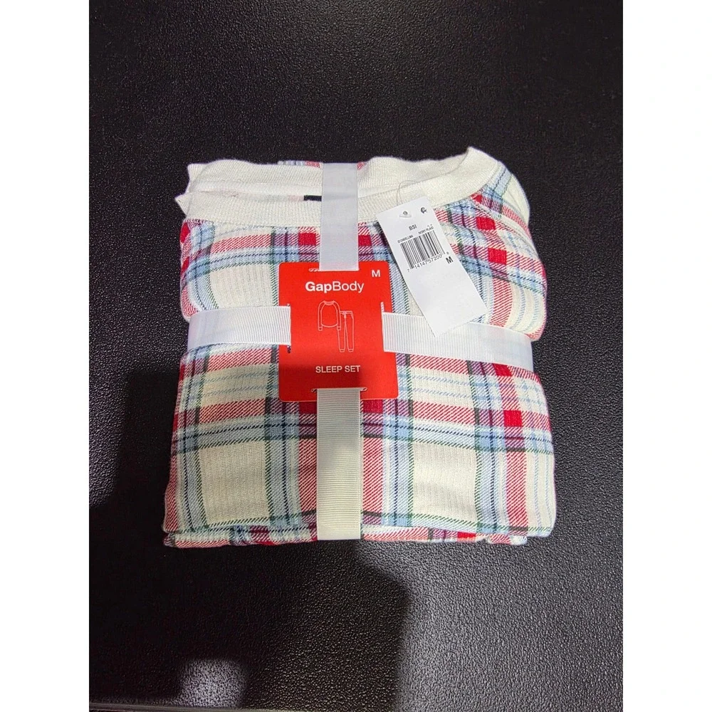 GapBody Womens Ivory Plaid Waffle Knit Thermal Pajama Sleep Set‎ Medium NEW